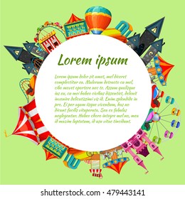 Amusement park round design with text in white circle and entertainment objects on green background vector illustration