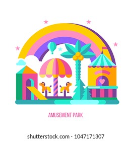 Amusement Park, roundabout.  Vector illustration. Summer holiday.  A set of cliparts in flat style.