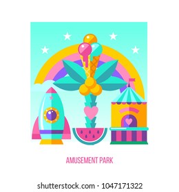Amusement Park, roundabout.  Vector illustration. Summer holiday.  A set of cliparts in flat style.