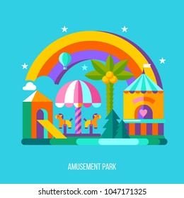 Amusement Park, roundabout.  Vector illustration. Summer holiday.  A set of cliparts in flat style.