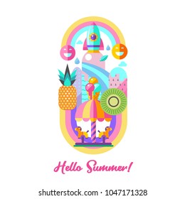 Amusement Park, roundabout.  Vector illustration. Summer holiday.  A set of cliparts in flat style.