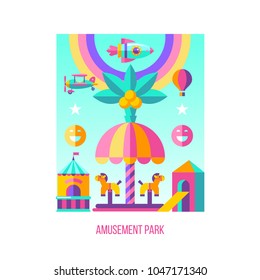 Amusement Park, roundabout.  Vector illustration. Summer holiday.  A set of cliparts in flat style.