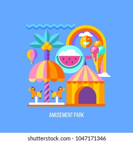 Amusement Park, roundabout.  Vector illustration. Summer holiday.  A set of cliparts in flat style.