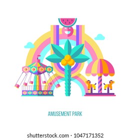 Amusement Park, roundabout.  Vector illustration. Summer holiday.  A set of cliparts in flat style.