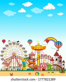 Amusement park scene at daytime with blank bright blue sky illustration