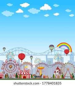 Amusement park scene at daytime with blank bright blue sky illustration