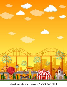 Amusement park scene at daytime with blank yellow sky illustration