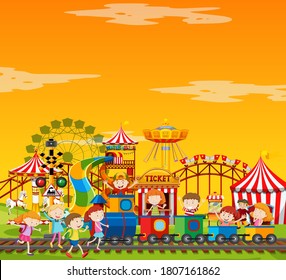 Amusement park scene at daytime with blank yellow sky illustration