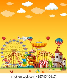 Amusement park scene at daytime with blank yellow sky illustration