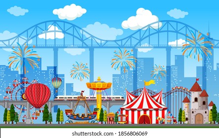 Amusement park scene at daytime with fireworks in the sky illustration