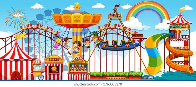 Amusement park scene at daytime with rainbow in the sky illustration