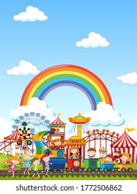 Amusement park scene at daytime with rainbow in the sky illustration