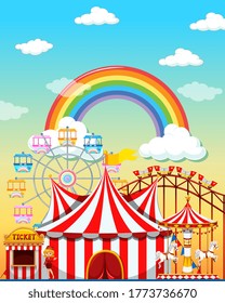 Escena de parque de atracciones durante el día con arco iris en la ilustración del cielo