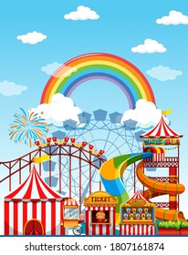Amusement park scene at daytime with rainbow in the sky illustration