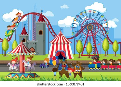 Amusement park scene with ferris wheel illustration