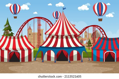 Amusement park scene with ferris wheel and circus dome illustration