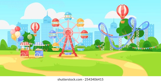 Amusement park scene with ferris wheel and hot air balloons. Vector illustration