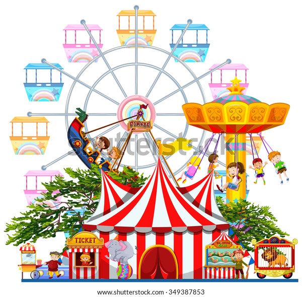 遊園地のシーンに多くの乗り物が描かれたイラスト のベクター画像素材 ロイヤリティフリー 349387853