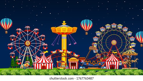 Amusement park scene at night with balloons in the sky illustration