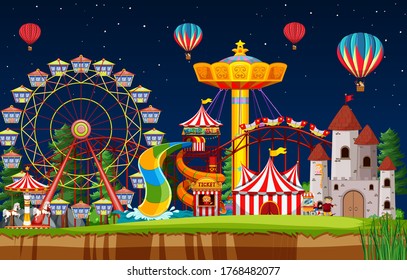 Amusement park scene at night with balloons in the sky illustration