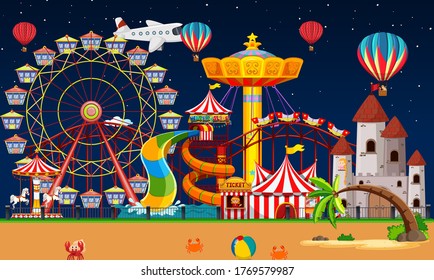 Amusement park scene at night with balloons and plane in the sky illustration