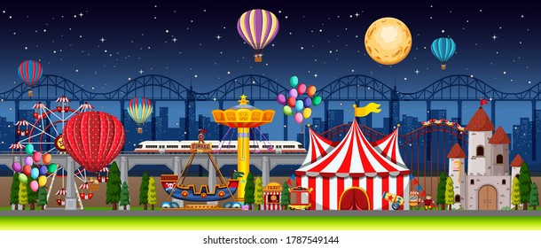 Amusement park scene at night with balloons and moon in the sky illustration