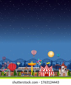 Amusement park scene at night with blank dark blue sky illustration