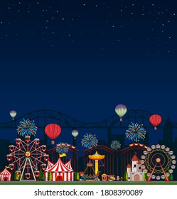 Amusement park scene at night with blank dark blue sky illustration
