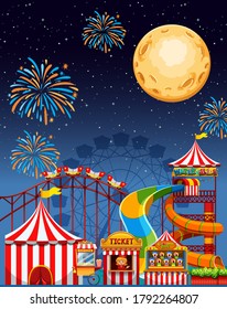 Amusement park scene at night with firework and moon  illustration