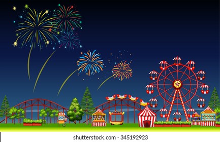 Amusement park scene at night with fireworks illustration