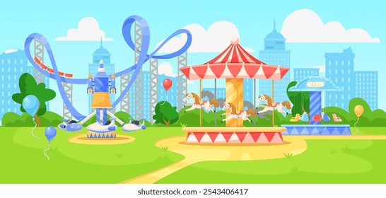 Amusement park scene with rides and attractions. Vector illustration