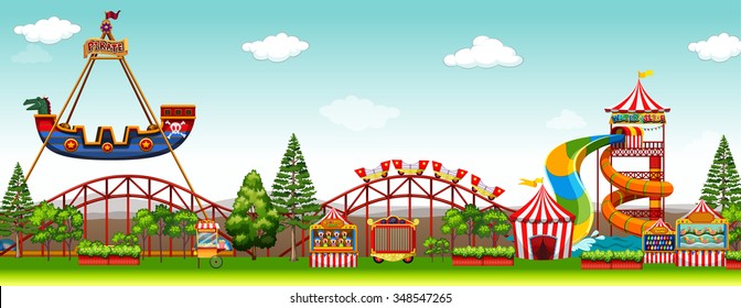 Amusement Park Scene With Rides Illustration