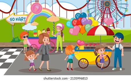 Amusement park scene with street food cart illustration