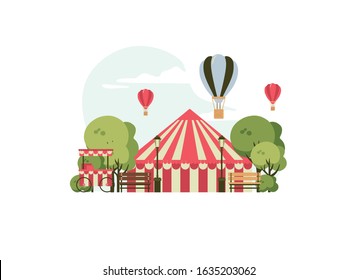 amusement park, scenery with  circus tent, ice cream shop, trees and benches. vector illustration of park