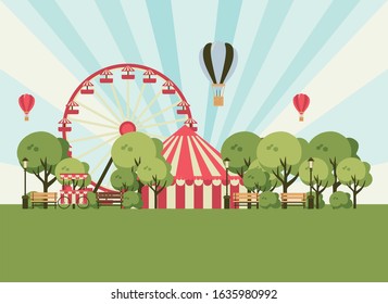 amusement park, scenery with ferris wheel, circus tent, ice cream shop, trees and benches. vector illustration of park