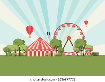 amusement park, scenery with ferris wheel, circus tent, ice cream shop, trees and benches. vector illustration of park