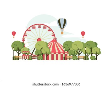 amusement park, scenery with ferris wheel, circus tent, ice cream shop, trees and benches. vector illustration of park