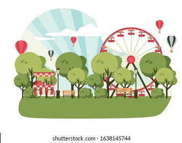 amusement park, scenery with ferris wheel, circus tent, ice cream shop, trees and benches. vector illustration of park