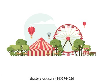 amusement park, scenery with ferris wheel, circus tent, ice cream shop, trees and benches. vector illustration of park