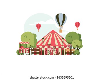 amusement park, scenery withcircus tent, ice cream shop, trees and benches. vector illustration of park with girl on bike