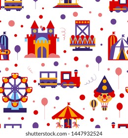 Amusement Park Seamless Pattern, Childish Style Design Element Can Be Used for Fabric, Wallpaper, Packaging Vector Illustration