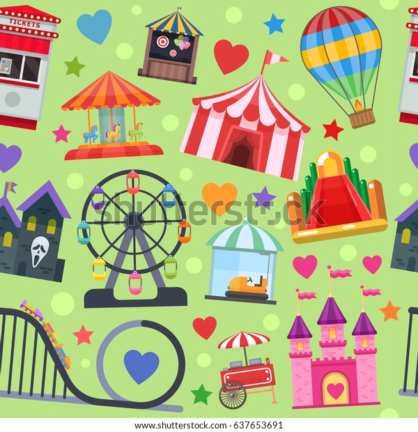 Amusement park seamless pattern with extreme\
attractions castle haunted house dart game on green background\
vector illustration