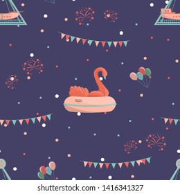 Amusement park seamless pattern with inflatable swan and ship ride.
