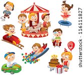 Amusement Park. Set. Children ride on the carousel, little girl jumping on a trampoline, eating ice cream and keeps the balloon, boy sits in 3d a movie theater, rides a toy car, playing computer game