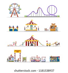 Amusement park set with circus tent, carousels and clowns. Children and their parents have fun in the park. Urban summer landscape. Flat vector illustration