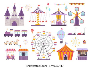 Amusement park set. Colorful carousel with horses, ferris wheel, fun on aroller coaster, orange ice cream tent, children s electric cars, children s train, fireworks and balloon. Vector graphics