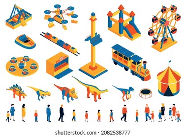 Amusement park set with dinosaurs carousel and steam train isometric isolated vector illustration