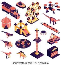 Amusement park set with dinosaurs and electric car isometric isolated vector illustration