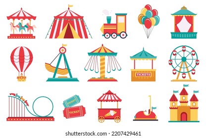 Amusement park set of elements with ferris wheel, carousel, circle tent, castle, air balloon, ticket and ice cream booth. Carnival in family park concept. Cartoon flat vector illustration