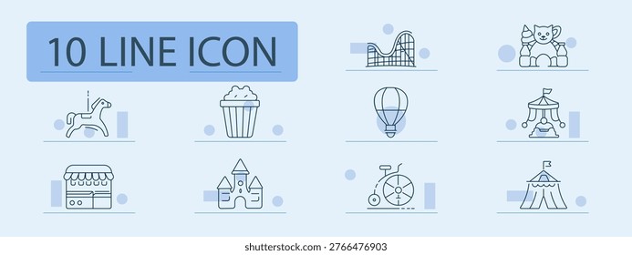 Amusement park set icon. Carousel horse, popcorn, roller coaster, teddy bear, hot air balloon, circus tent, ticket booth, castle, ferris wheel, festival attraction.
